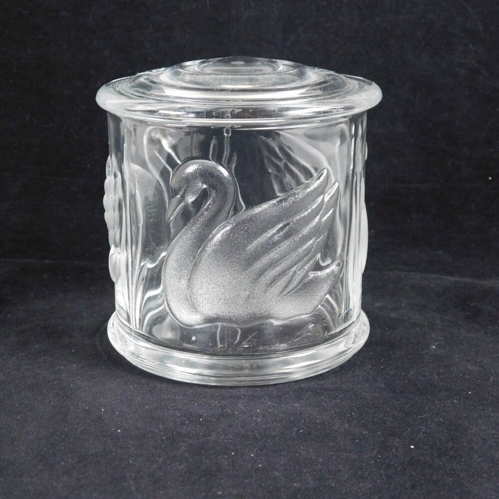 Gloria Vanderbilt Glass Embossed Frosted Swan Willows Lidded Jar Teleflora Vtg